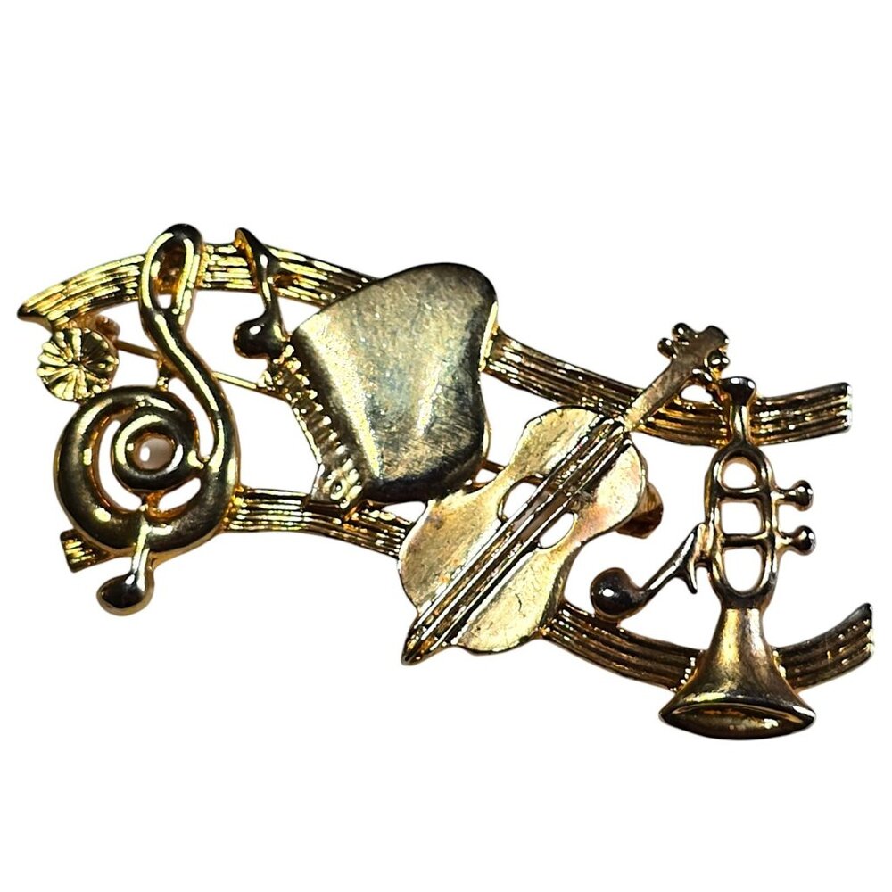 Musical Instruments Brooch Gold Tone Piano Violin Trumpet Notes Orchestra Band
